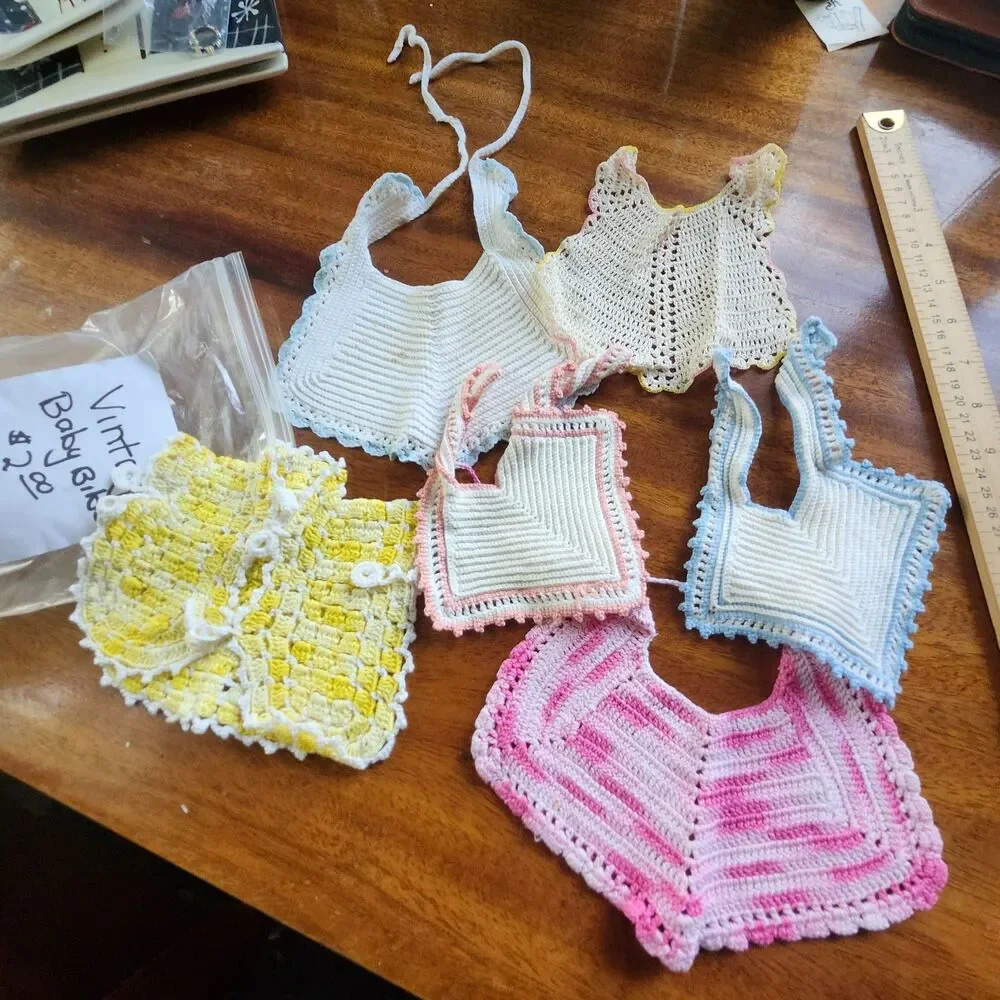 Vintage Handmade Crocheted Baby Bibs Lot of 6 Pastel Pink Blue Yellow White
